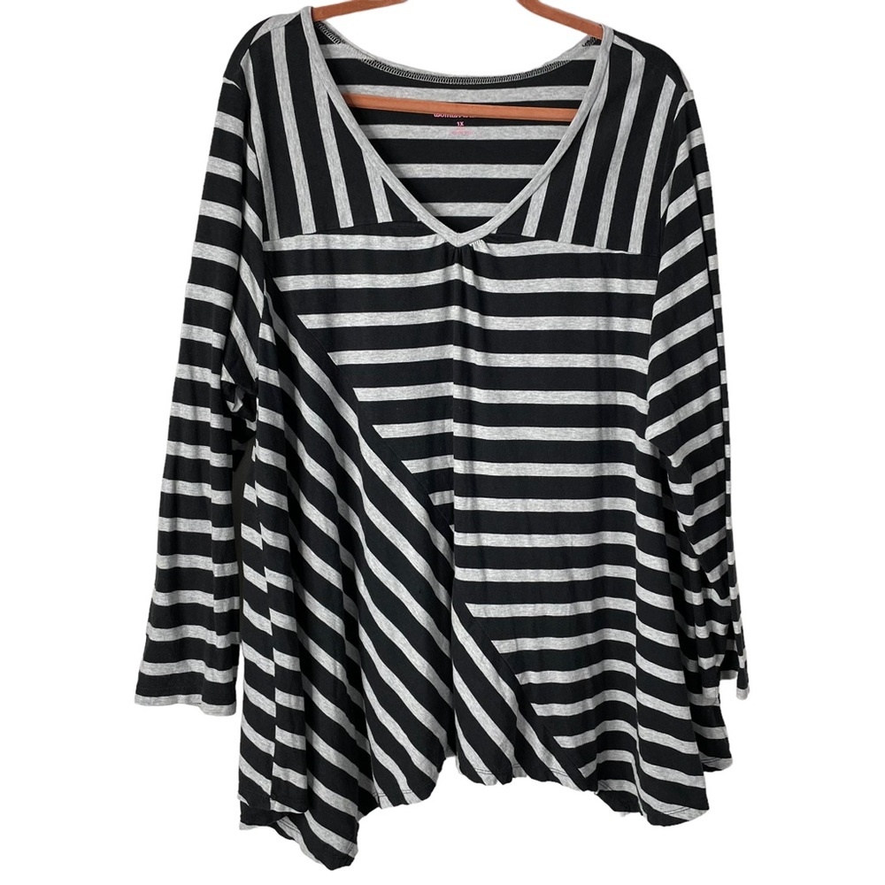Woman Within Womens Top Sz 1X  Asymmetrical Striped Black White 3/4 Sleeve
